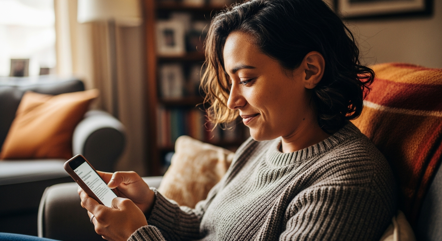 Person checking phone with relief